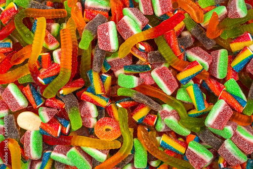 Assorted gummy candies. Top view. Jelly sweets background.