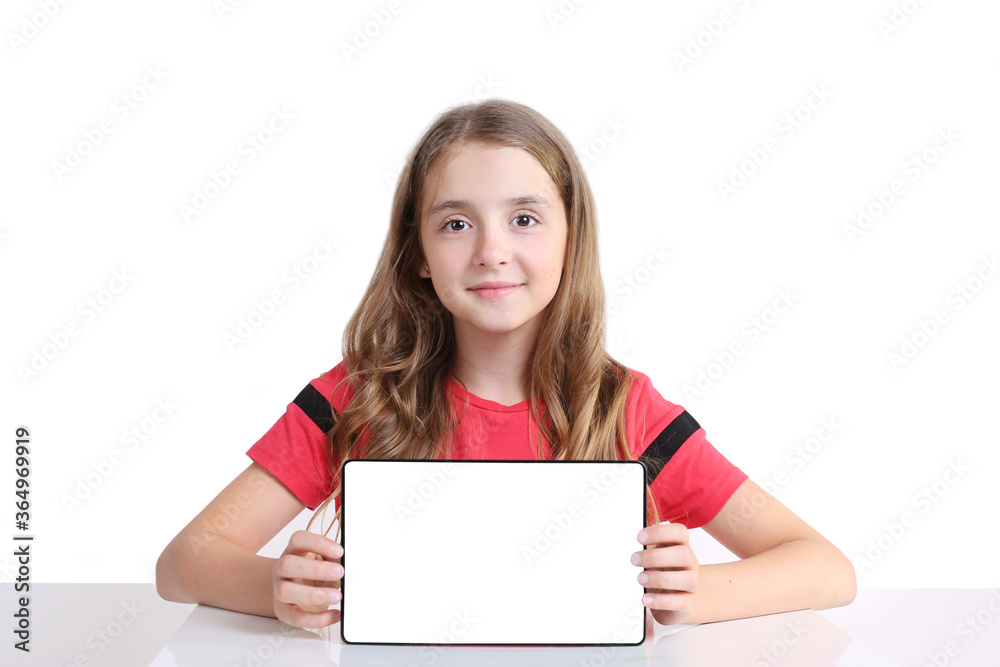 Child girl holding tablet screen front view.Kid showing display isolated on white. Child girl holding tablet screen front view.Kid showing display isolated on white.