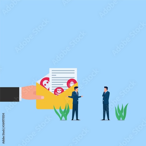 Man offer email with hidden trojan inside metaphor of hack and social engineering. Business flat vector concept illustration.