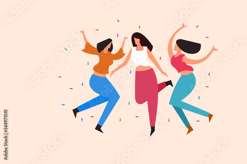 Illustration of three young women dancing and jumping out of joy
