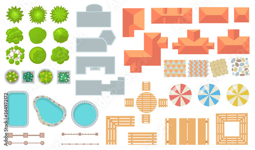 Top view of park and city elements flat icon set. Cartoon fences, trees, houses, tiles, buildings for map design vector illustration collection. Architecture and landscape concept