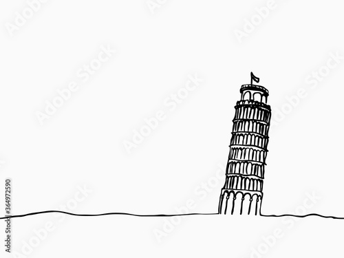 black simple childish continuous hand drawn  line art  Leaning Tower of Pisa, Italy on white background for wallpaper, label, banner, wrapping etc. vector design.