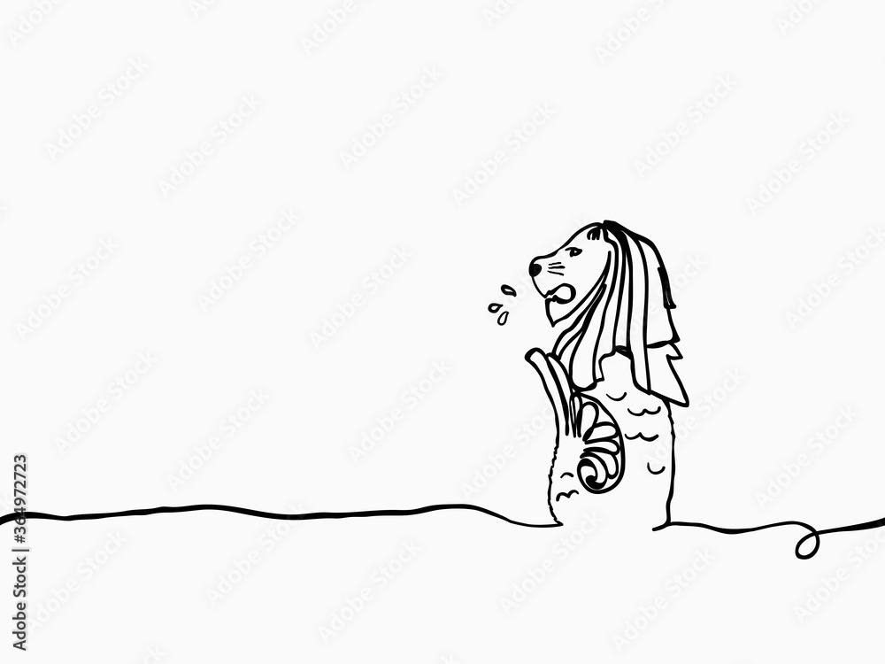 Black Simple Childish Continuous Hand Drawn Line Art Merlion Of Singapore On White Background For Wallpaper Label Banner Wrapping Etc Vector Design Stock Vector Adobe Stock