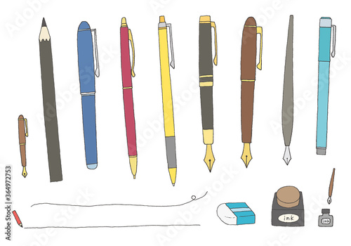 ペンや万年筆、インクなどの手描きイラスト（カラー）
