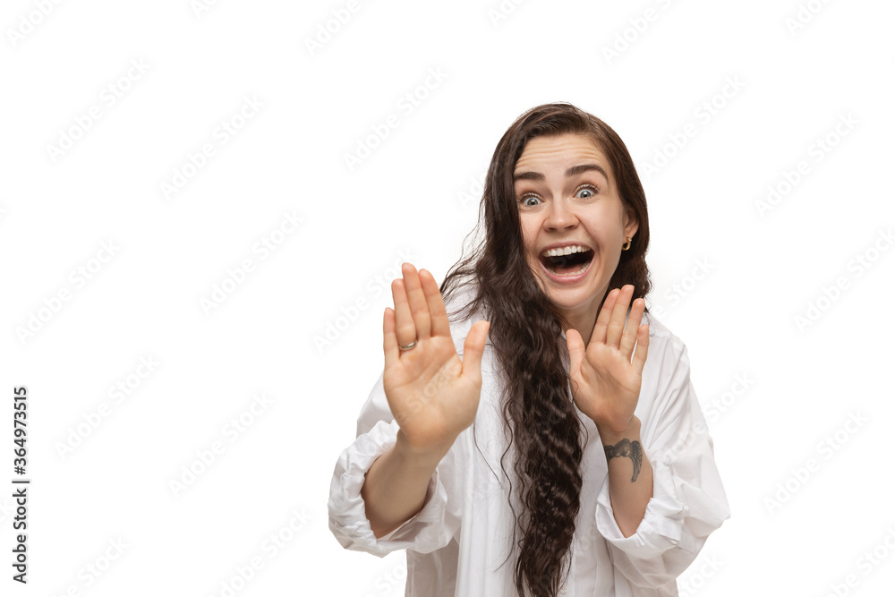 Dancing. Young caucasian woman with funny, unusual popular emotions and gestures on white studio background. Human emotions, facial expression, sales, ad concept. Trendy look inspired by memes. Dancing. Young caucasian woman with funny, unusual popular emotions and gestures on white studio background. Human emotions, facial expression, sales, ad concept. Trendy look inspired by memes.