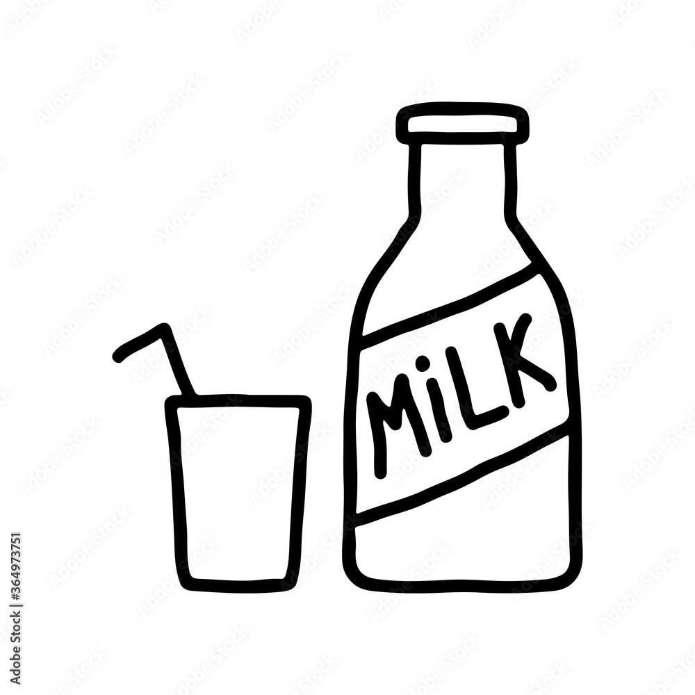 Bottle of milk and a glass with a straw icon. Line drawing. Monochrome contour silhouette. Hand drawn vector flat graphic illustration. Isolated object on a white background. Isolate. Bottle of milk and a glass with a straw icon. Line drawing. Monochrome contour silhouette. Hand drawn vector flat graphic illustration. Isolated object on a white background. Isolate.