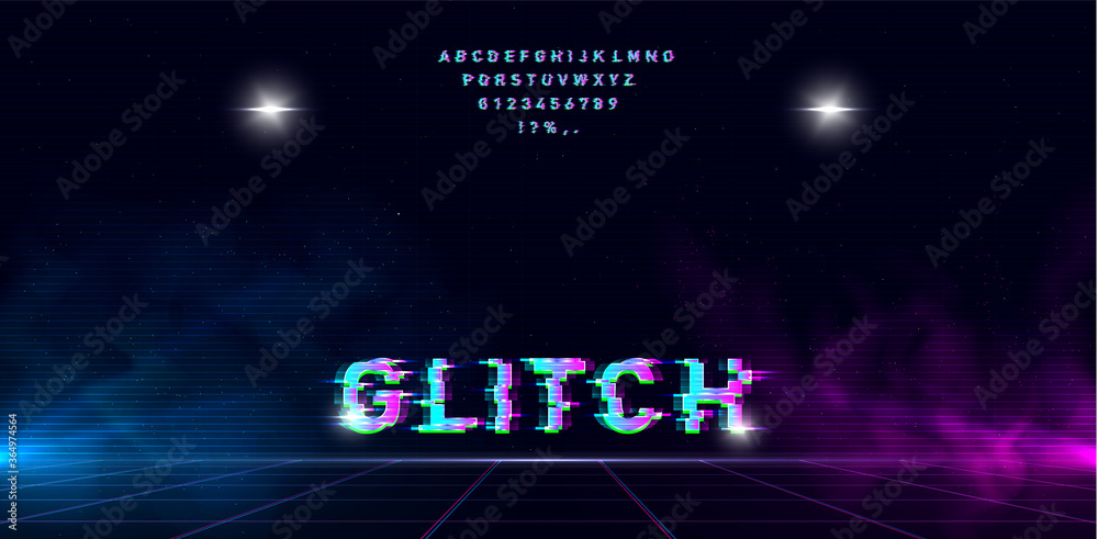 Retrowave glitch font on futuristic perspective laser grid with blue and pink glow and fog on starry space background. Has two highlights for enhancing the effect. Vector