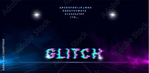 Retrowave glitch font on futuristic perspective laser grid with blue and pink glow and fog on starry space background. Has two highlights for enhancing the effect. Vector