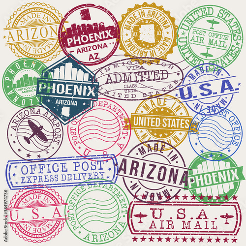 Phoenix Arizona Set of Stamps. Travel Stamp. Made In Product. Design Seals Old Style Insignia.