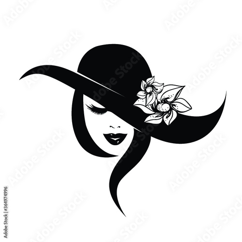 Beautiful woman with elegant hairstyle and makeup, wearing a hat with decorative flower.Fashion model.Smiling lady portrait.Cosmetics and spa icon.Fashion, hair salon and beauty studio logo.