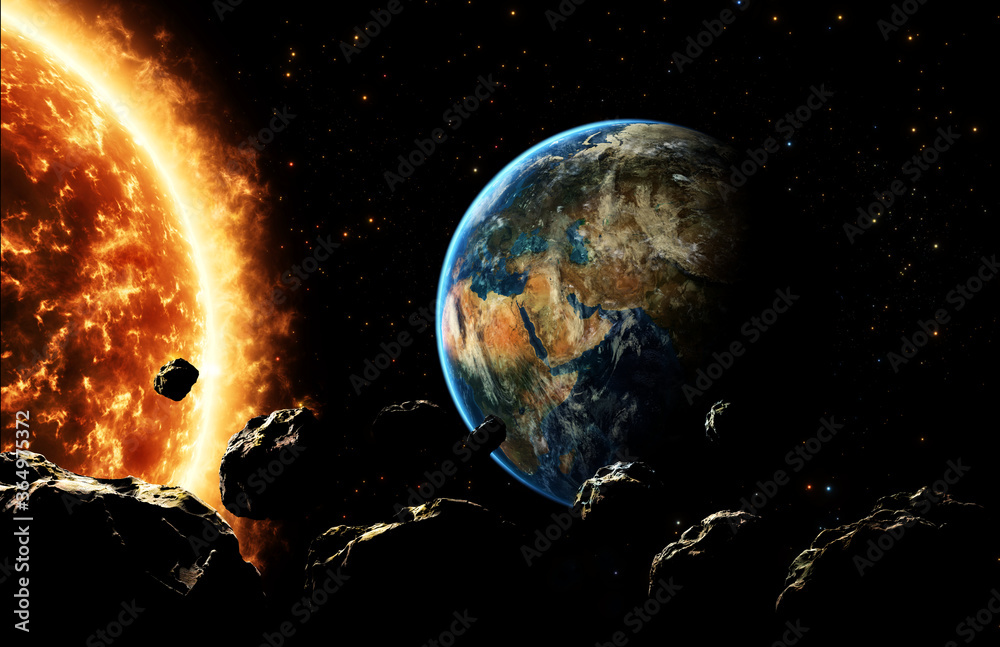 Erde mit Sonne und Asteroiden Stock Illustration | Adobe Stock