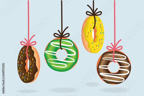 hanging donuts set vector graphic for menu design, flyer, cafe decoration, delivery box. vector illustration, culinary blogs, stationery, etc.