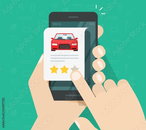 Car vehicle review rating online on mobile phone or automobile testimonial feedback, website shop on smartphone with customer reputation internet vector, cellphone auto rental shop rank access modern