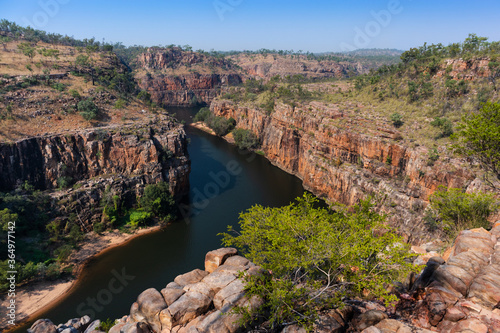 Aerial view of the Katherine gorge. Katherine river turning among the escarpment walls. Aerial view, pictured from above. Nitmiluk national park, Northern Territory NT, Australia photo