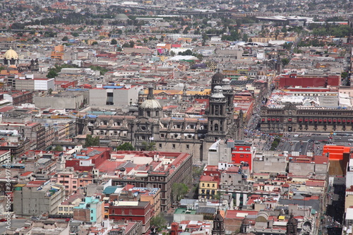 Aerial View of Mexico City with Metropolitan cathedral and Zocalo square in Mexico city, Mexico.