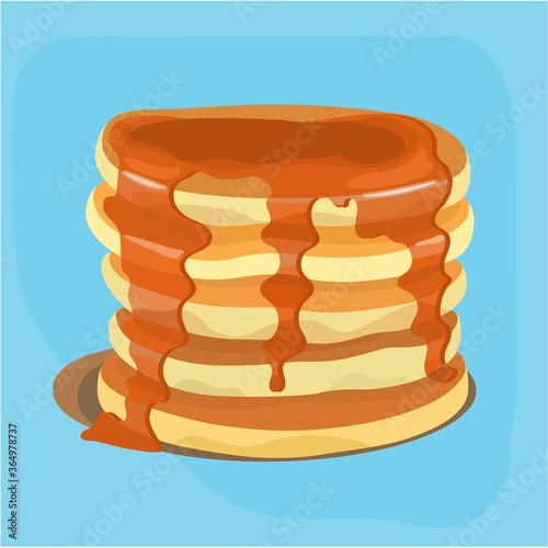 Pancakes, with  maple syrup on a light background. Sweet maple syrup flows from a stack of pancakes.Food Vector illustration. Great for menu, poster or label.	
