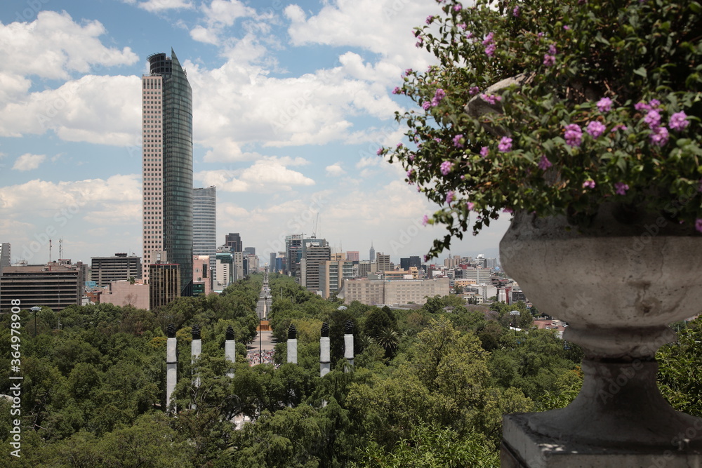Fototapeta premium View of Mexico city skyline along Paseo de la Reforma avenue as seen from Chapultepec Castle in Mexico city, Mexico.