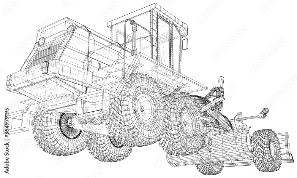 Building Grader Isolated. 3D rendering. Wire-frame. The layers of visible and invisible lines are separated. EPS10 format.