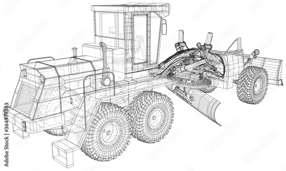 Vector Wire-frame Road grader. The layers of visible and invisible lines are separated. EPS10 format. Vector created of 3d.