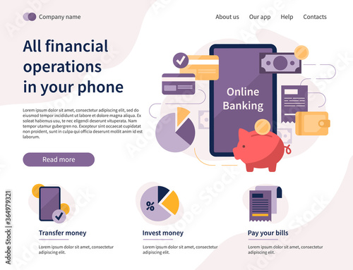 Violet design of a smartphone app with financial operations, shopping, safe payments. Credit card and piggy bank flying around mobile template, flat vector illustration of finance website landing page