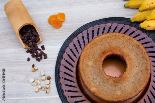 banana cake with apricot and chestnuts.