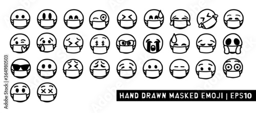 Mask Hand Drawn Emoji. Black and White Design. Line drawing emoticon. Emoji wearing mask