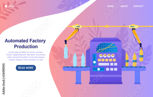 Automatic packing soda concept. Production and packaging of soda at the factory. The bottles are moved on a conveyor belt and filled with a carbonate drink in the machine. Flat Vector Illustration