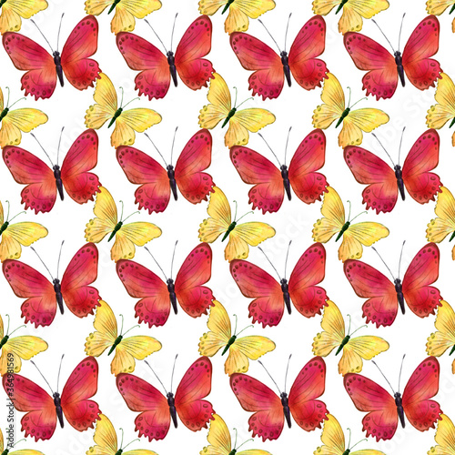Watercolor butterflies hand drawn seamless pattern.