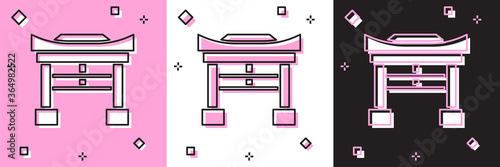 Set Japan Gate icon isolated on pink and white, black background. Torii gate sign. Japanese traditional classic gate symbol. Vector Illustration.