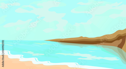 Seascape. Sandy beach  clear blue ocean or sea  mountains rising up the coast. Beautiful clouds and sun rays in the sky. Serenity and silence  a paradise holiday. 