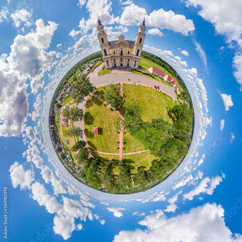 Schilderij op canvas Little planet panorama of Budslav, Belarus. Drone aerial panorama