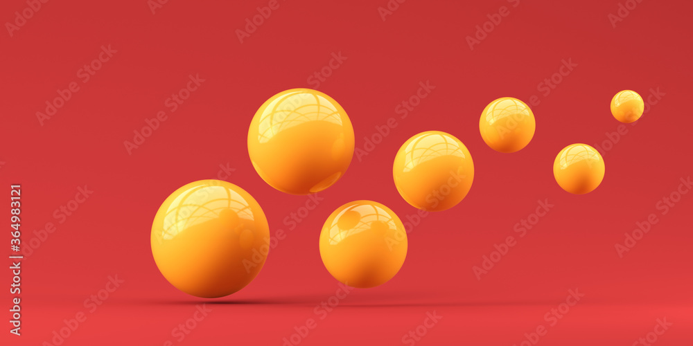 Naklejka Many different yellow spheres flying on a red background. 3d render illustration for advertising.