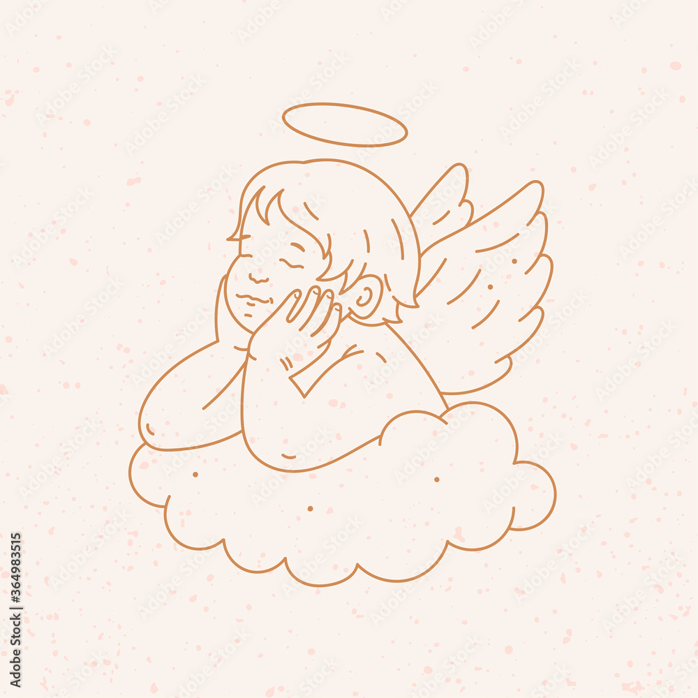 Newborn cupid little Baby with angel wings and halo. Art for design cards, invitations, baby shower. Tattoo idea. Hand drawn gold Vector illustration. Outline, coloring page concept. Isolated on white Newborn cupid little Baby with angel wings and halo. Art for design cards, invitations, baby shower. Tattoo idea. Hand drawn gold Vector illustration. Outline, coloring page concept. Isolated on white