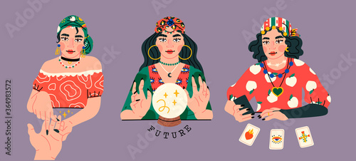 Beauty Fortune tellers. Gypsy oracle. Mystic ladies. Women are telling the future by seeing the hand, crystal ball and cards. Set of three Hand drawn vector trendy illustrations. Halloween concept