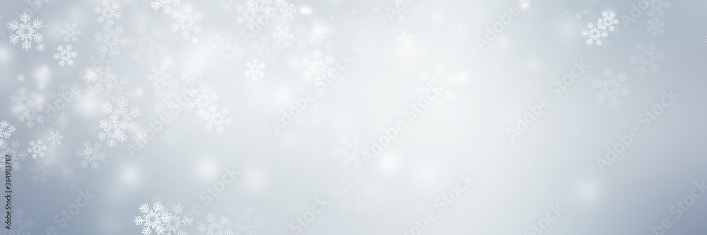 wide white and gray Christmas light with snowflake bokeh background, Winter backdrop wallpaper. wide white and gray Christmas light with snowflake bokeh background, Winter backdrop wallpaper.