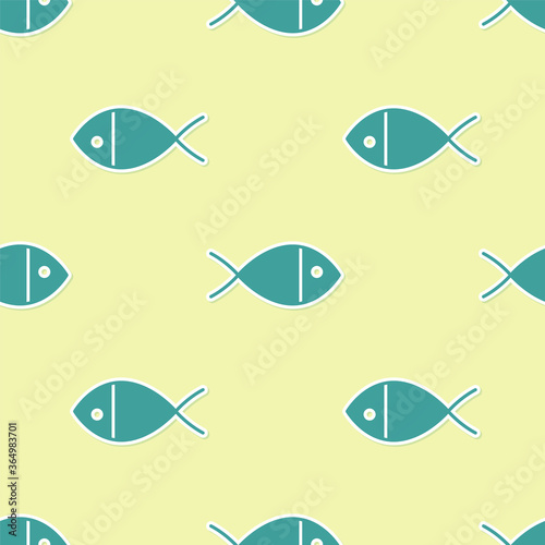 Green Christian fish symbol icon isolated seamless pattern on yellow background. Jesus fish symbol. Vector Illustration.