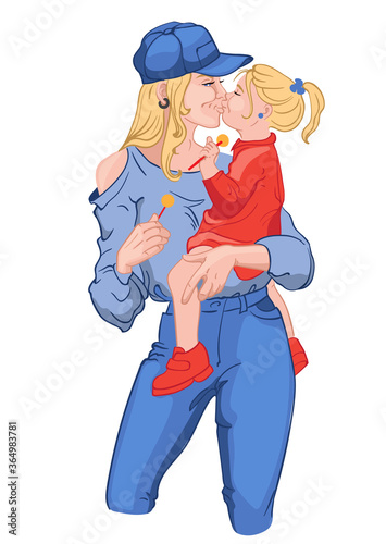 Blond woman in blue blouse, cap and jeans with a lollipop holding and kissing her blonde daughter in red dress, sneakers, blue tie and earrings that also has a lollipop