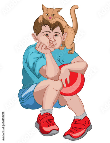 Bored boy in blue t-shirt, shorts and red sneakers holding a ball while his cat is playing on his head