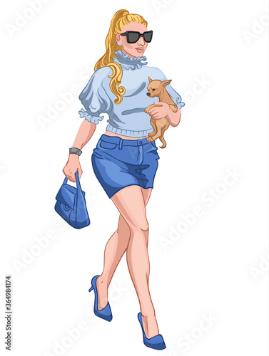 Blonde woman in light blue blouse, skirt, high heels, handbag and black sungl...