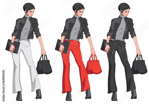 Set of black haired woman in jacket, pants, sweater, boots, with a handbag an...