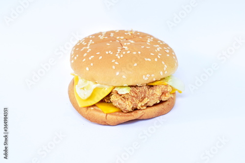 crispy fried chicken cheese hamburger on white background