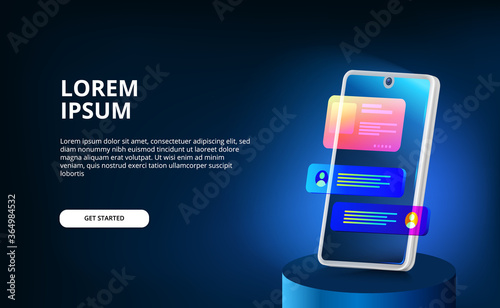 3D modern neon color gradient display screen smartphone ui design template for bubble chat and dark background.