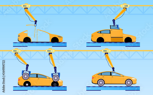 Car Factory Concept. Automatic line assembly car. Conveyor production. Automatic factory. Car production. Robotic arm. Industry 4.0. Perfect for web design or landing page. Flat Vector Illustration.
