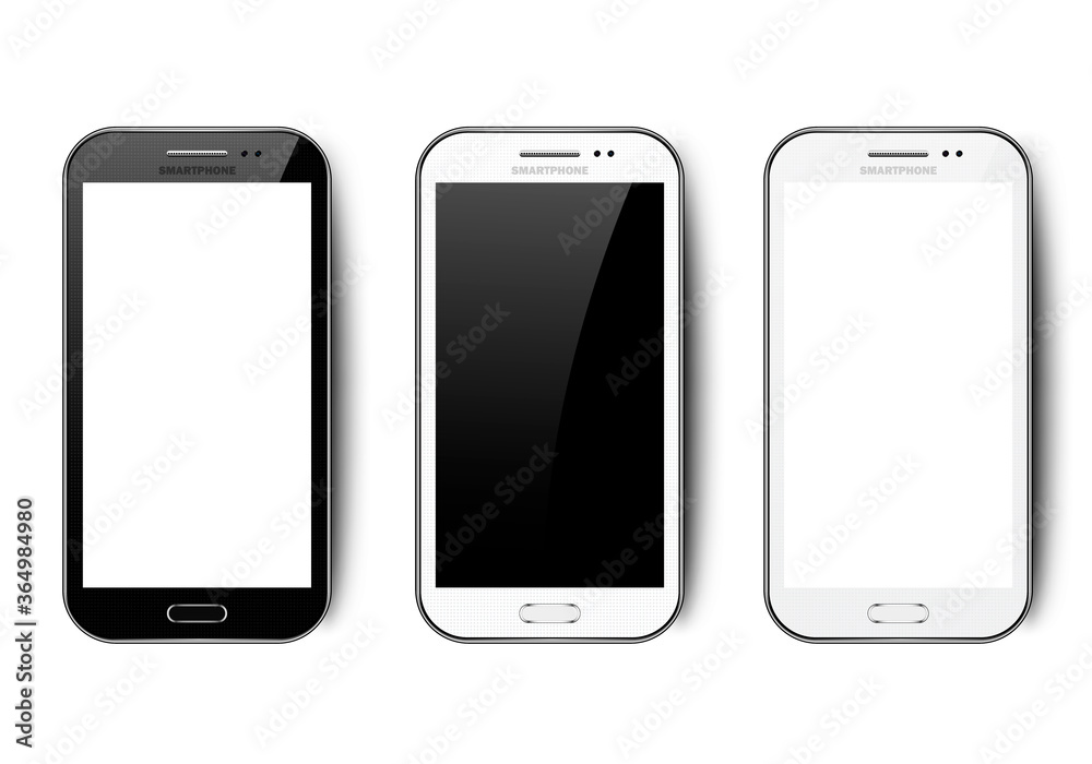 Black and white realistic smartphone on isolated white background with shadow, camera, button and glare, mobile phone mockup with blank screen for your design, vector illustration Black and white realistic smartphone on isolated white background with shadow, camera, button and glare, mobile phone mockup with blank screen for your design, vector illustration