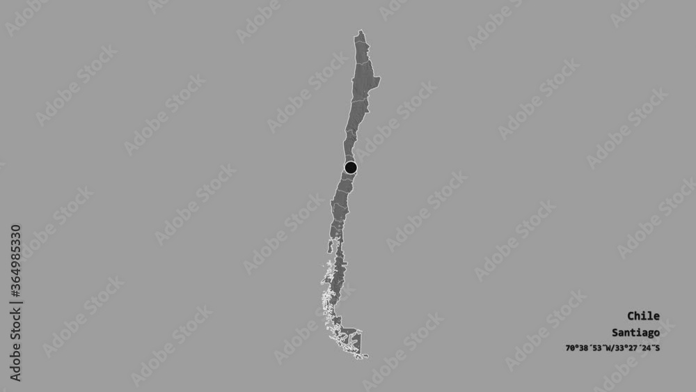 Coquimbo, region of Chile, with its capital, localized, outlined and zoomed with informative overlays on a bilevel map in the Stereographic projection. Animation 3D Coquimbo, region of Chile, with its capital, localized, outlined and zoomed with informative overlays on a bilevel map in the Stereographic projection. Animation 3D