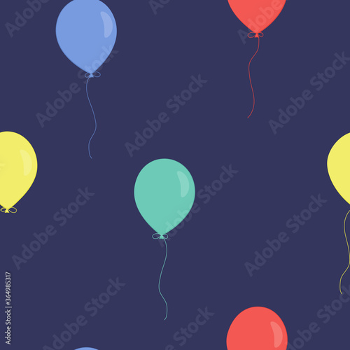 Vector seamless pattern with colorful balloons on violet background. For fabric, textile, linen, wallpaper, gift and wrapping paper, greeting card, children's holiday and party invitations, pajamas.