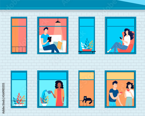Different people spending time at home during quarantine cartoon vector illustration