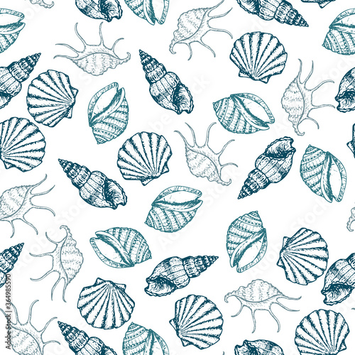 Sea Creatures hand drawn seamless pattern. Ocean animals and seashells sketch surface texture.
