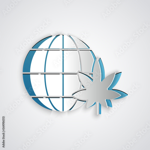 Paper cut Legalize marijuana or cannabis globe symbol icon isolated on grey background. Hemp symbol. Paper art style. Vector Illustration.