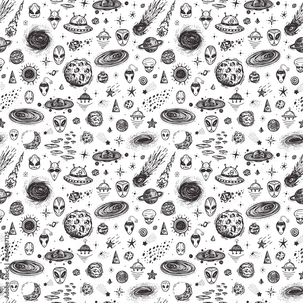 Cartoon Galaxy. Vector Universe. Outer Space Seamless pattern. Hand ...